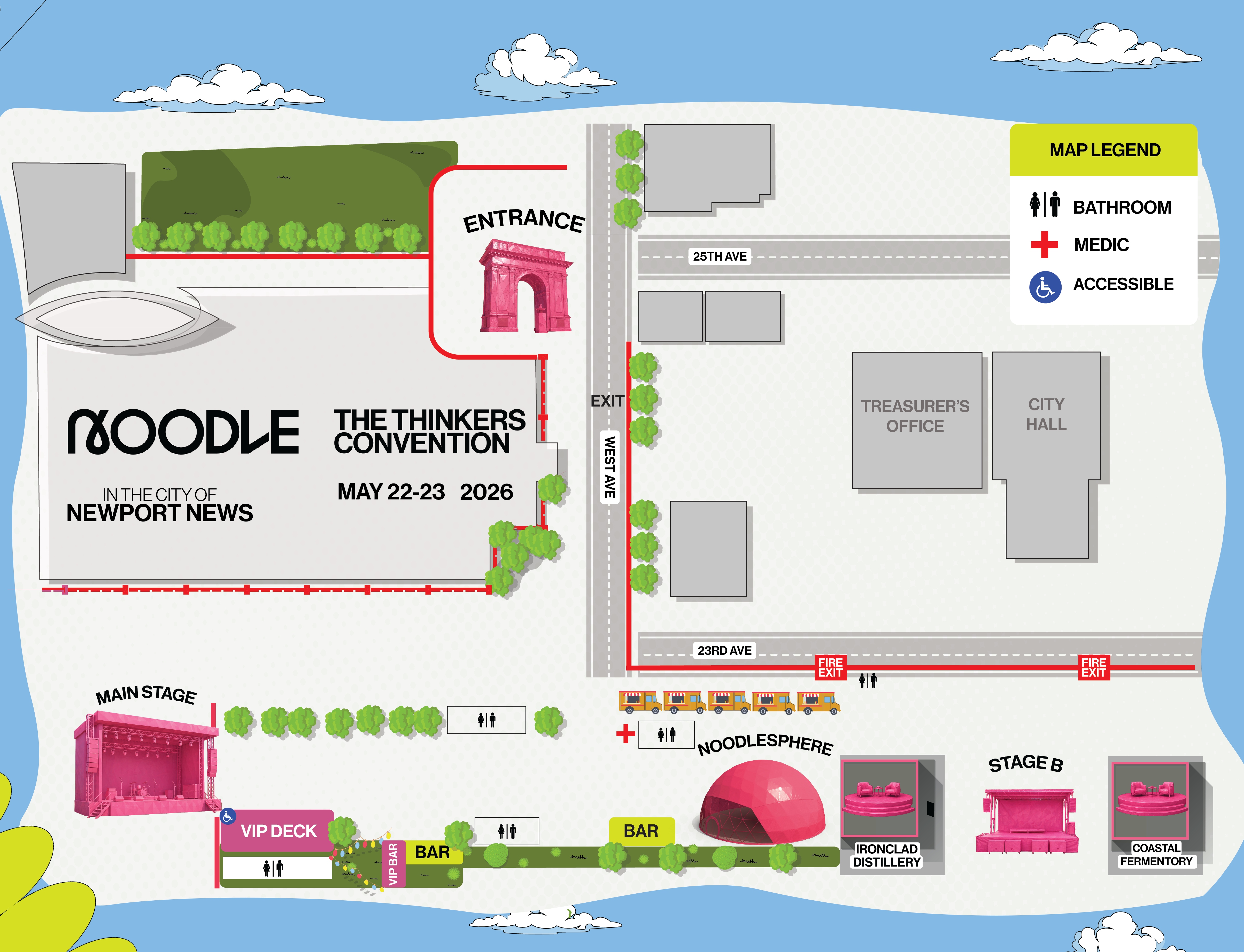Noodle Thinkers Convention venue map showing Main Stage, VIP Deck, Noodlesphere, Stage B, Ironclad Distillery, Coastal Fermentory, entrance, bathrooms, medic stations, and accessible areas in Newport News